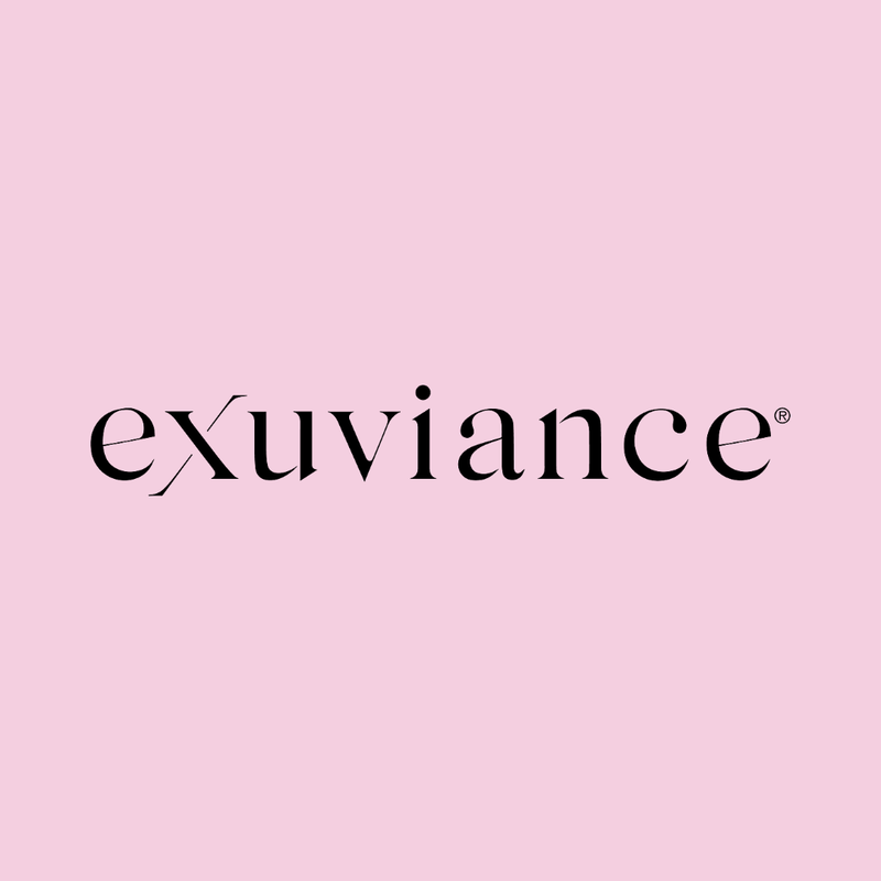 "Exuviance" Logo. Black on baby pink. Link to External Site.