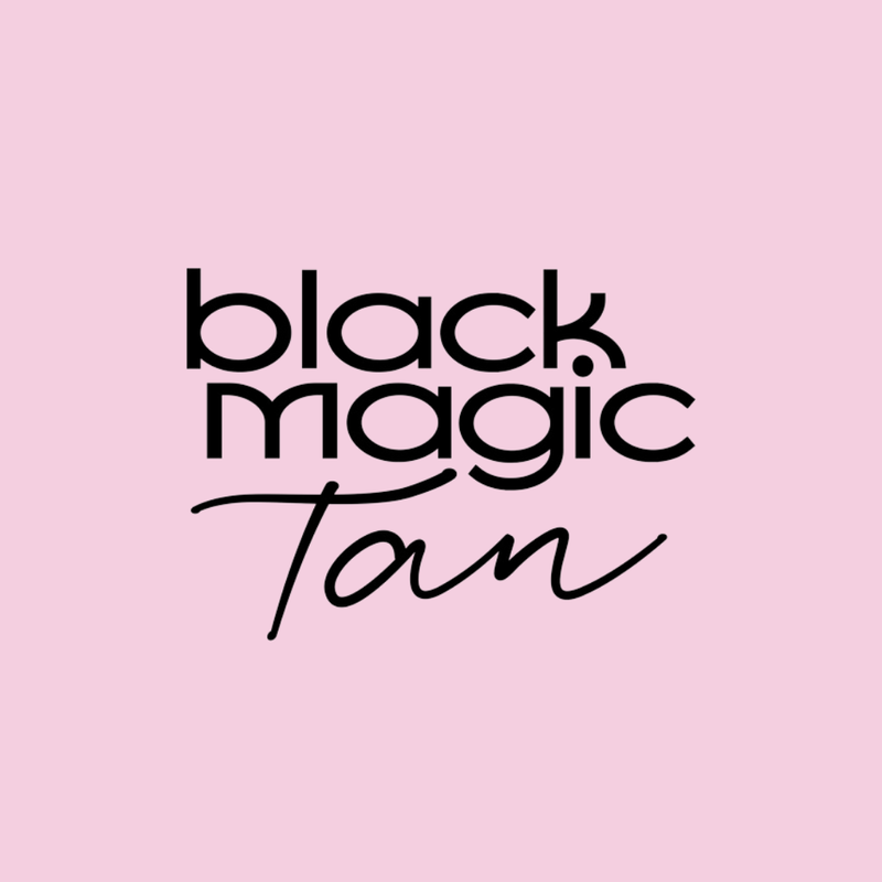 "Black Magic Tan" Logo. Black on Baby Pink. Link to External Site.