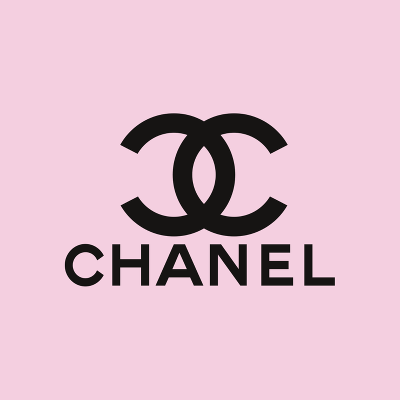 "Chanel" Logo. Black on Baby Pink. External Link to Chanel website.