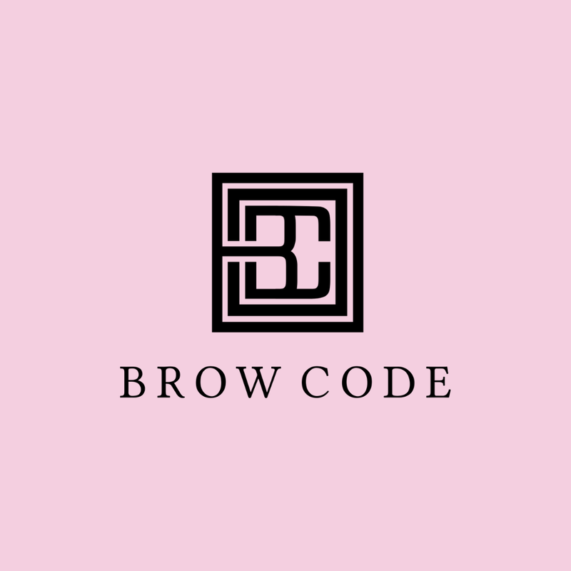 "Brow Code" Stacked Logo. Black on Baby Pink. Link to External Site. 